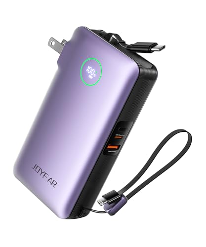 Image of JOYFAR Portable Charger Power Bank - Battery Pack 35W AC Plug GaN 10000mAh Built in Cable USB C Phone Fast Charging Powerbank Compatible with iPhone 16 15 14 13 12 11 X iPad MacBook Samsung (Purple)