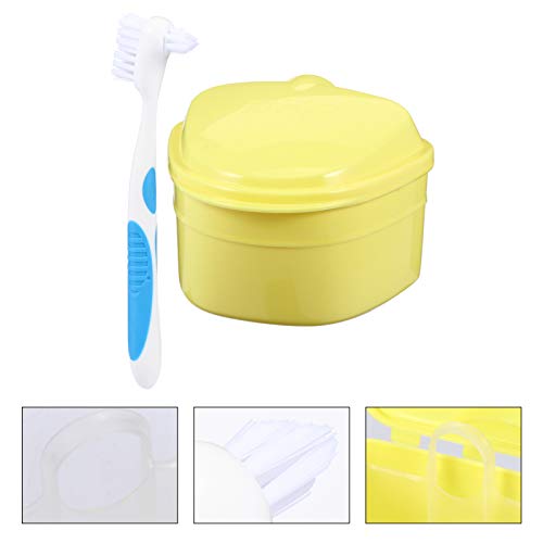 Caixa de armazenamento de dentes falsos da Healifty com escova de limpeza (amarelo + escova de dente