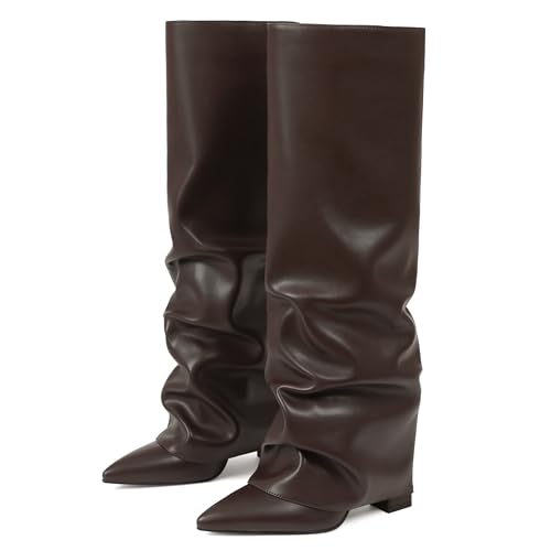 Image of SaraIris Women's Slouchy Knee High Boots - Black, Pointed Toe, Fold Over, Chunky, Shark Boots