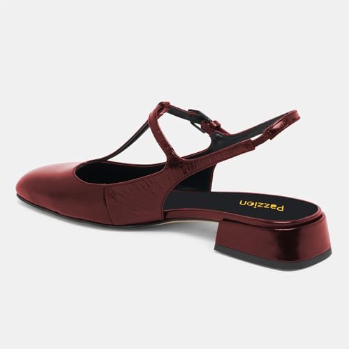 Pazzion Women Stylish Low Chunky Heel Slingback Pumps T-Strap Buckle Closed Square Toe Shoes Dating Dance Prom Size 4-16 US3