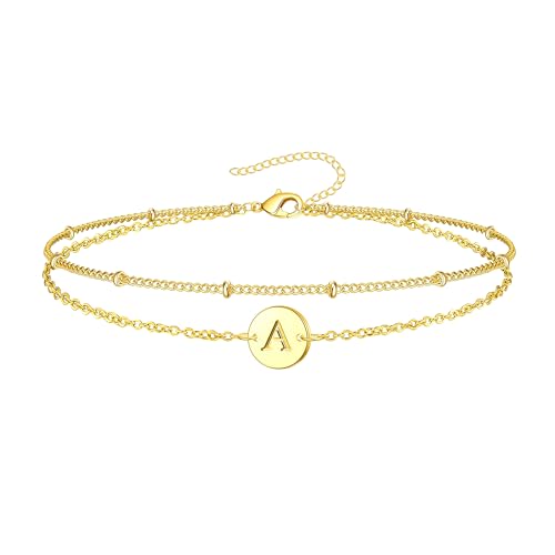 Gold A Bracelet Dainty 14K Gold Plated Initial Disc Bracelet for Women Personalized Monogram Letter A Jewelry Trendy Simple Charm Chain Bracelets Gift for Her