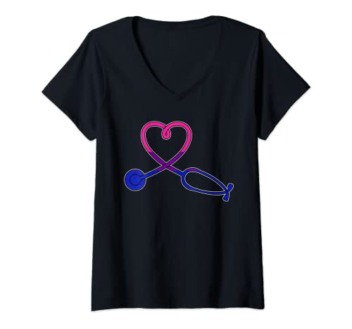 Womens Heart Stethoscope LGBT-Q Bisexual Pride Bi Nurse RN Nursing V-Neck T-Shirt