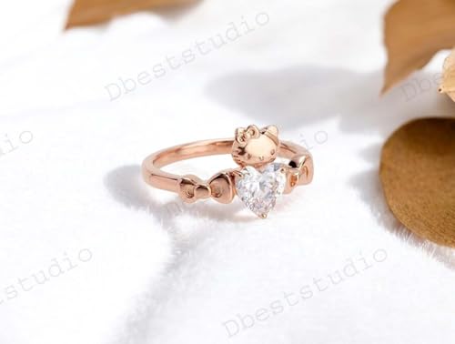 925 Sterling Silver Heart Shape Moissanite Kitty Ring Women Kitty Jewelry Solitaire Promise Ring Cat Lover Ring Birthday Gift for Animal Lover3