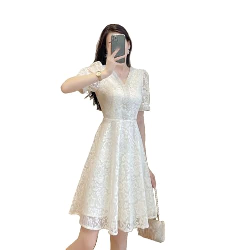 Runway Autumn Lace Dress Vintage Women Puff Short Sleeve Embroidery V Neck Ladies Slim Waist Party Mini Dress