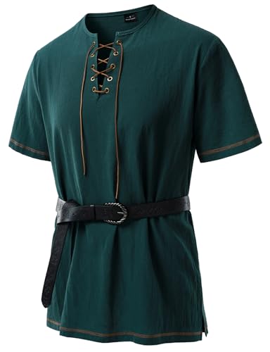 JEMITOP Mens Renaissance Costume Retro Short Sleeves Lace Up Shirts Tunic for Pirate Viking Medieval Halloween Cosplay Without Belt Dark Green L