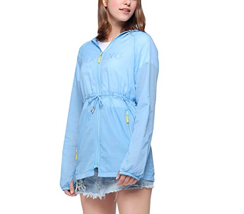 Only Faith Women UV Sun Protection Lightweight Portable Hooded Windbreaker Jacket (L, Light Blue)