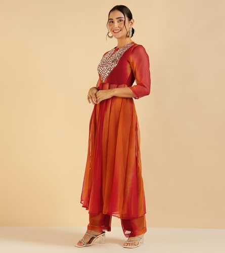 Image of DEEBACO Women's Ombre Lahariya Georgette Ankle Length Anarkali Tunic with Palazzo Co Ord Set for Women Fashion|Round Neck|Long Dress for Woman Two Piece|Casual Wear Dresses(Maroon)