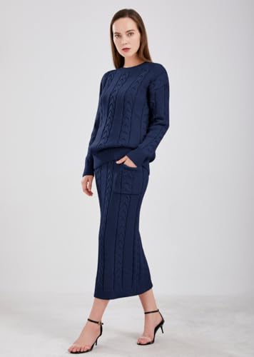 Image of chouyatou Women Winter Casual Chunky Cable Knit Long Pencil Skirt 2 Piece Outfit Oversized Pullover Sweater Sets