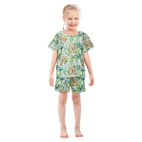 ALAZA Watercolor Tropical Palm Leaves Leopard Pajamas Short Sleeve 2 Piece Sleepwear Top and Bottom Pajama Set Unisex3
