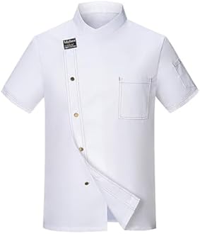 Men's Chef Coat Short Sleeve Button Shirts Chef Work Jacket Slim Fit Breathable Tops Lightweight Summer Top