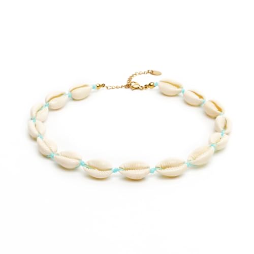 BERGERLIN Muschelkette für Damen und Herren - Mit vergoldetem Verschluss und Echtheitszertifizierung - Muschel Halskette Muschel Choker (XS-S Blau)