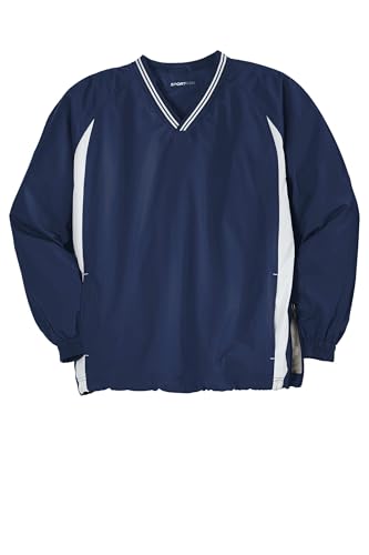 SPORT-TEK Unisex Tipped V-Neck Raglan Wind Shirt, True Navy/White