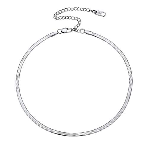 PROSTEEL 3mm/5mm Herringbone Choker Necklace for Women, 12.5"/15"/18", Stainless Steel/Sterling Silver Flat Snake Chain in Silver/Yellow Gold/Rose Gol