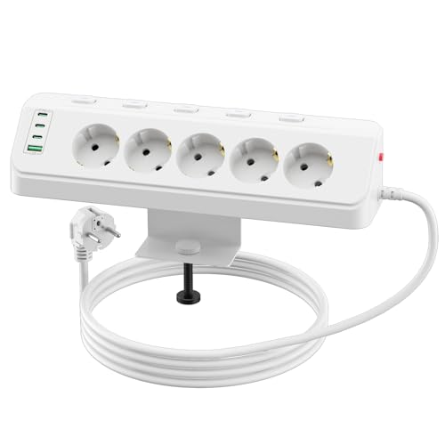 Regleta de 5 enchufes con USB, Regleta Escritorio con Interruptores Individuales, Enchufe Multiple de Esquina con Protección contra Sobrecargas, Toma de Corriente de Mesa para Oficina y Casa,Cable 2M