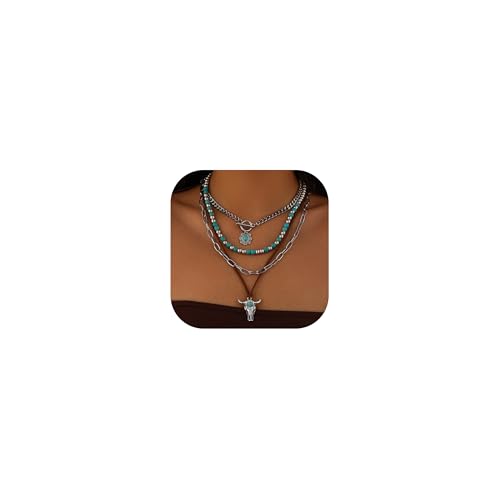Hclian Western Necklaces Boho Layered Charm Necklace for Women Turquoise Beaded Choker Ox-head Pendant Necklace Western Jewelry for Women Cowgirl Accessories