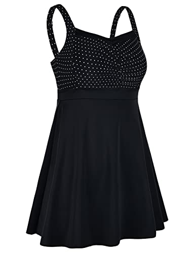 Septangle Plus Size Womens One Piece Swimsuit Ladies Swimwear Tummy Control A Line Swimdress, Us20, Black & Polka Dot #TOP2