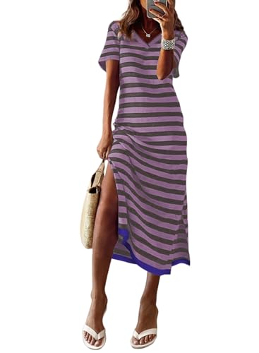 Image of Dokotoo Womens Summer Casual Trendy 2026 Short Sleeve Maxi Dress Striped Split Vacation Color Block T Shirt Dress