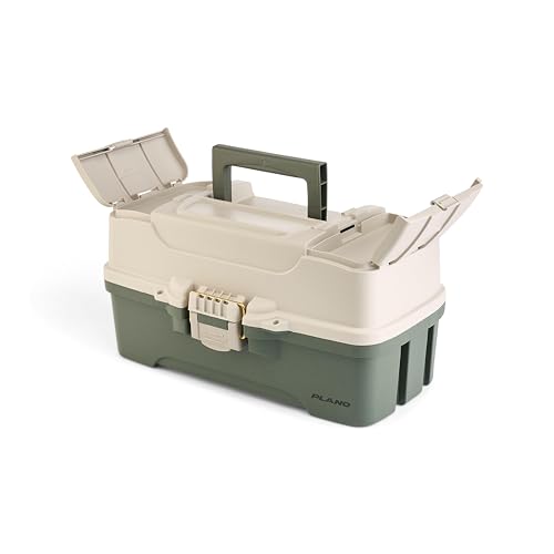 Image of Plano Three-Tray Tackle Box, Green /Tan, Rust-Proof Brass Latch, Top-Access Tray with Deep Storage, Made in the USA, Portable Fishing Gear Storage Organizer