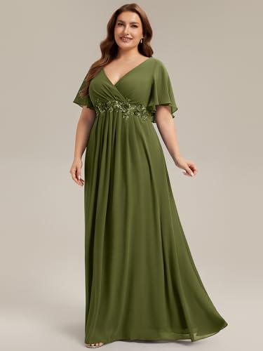 Image of Ever-Pretty Plus Women's Chiffon Plus Size Formal Mother of Bride Dresses | V-Neck, Short Sleeve, Applique, A-Line, Empire Waist, Plus Size Formal Wedding Guest Evening Dresses