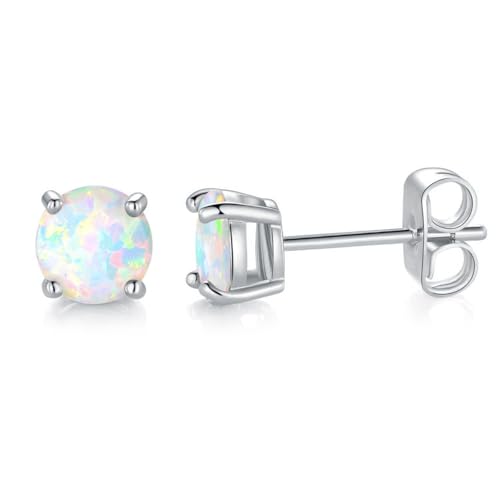 MDFUN White Gold Tone 3.0mm Round Brilliant White Opal Stud Earrings for Women