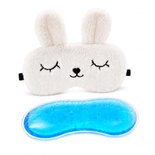 Image of Jenna Bunny Plush Sleeping Eye Mask with Removable Reusable Cooling Gel Pad | Soft Light-Blocking Blindfold with Comfortable Elastic Strap | for Women, Bedtime, Travel, Flights, Office Naps (White)