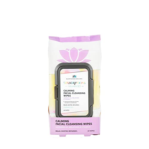 SpaScriptions Calming Facial Cleansing Wipes 60 Ct - With Lavender Oil, Melatonin, and Vitamin D