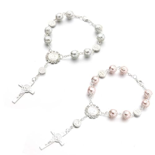 2-Piece Car Rosary & Cross Pendant Car Accessories Rearview Mirror Hanging Ornament (White)