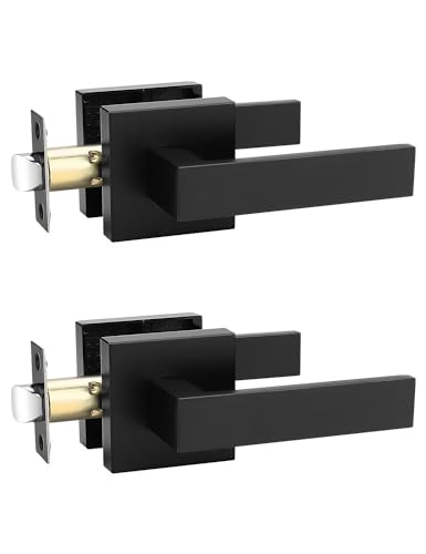 Image of Tinewa 2 Pack Square Black Door Handles Interior, No Lock Passage Door Lever for Left or Right Handing, Heavy Duty Matte Black Closet Door Handle Sets