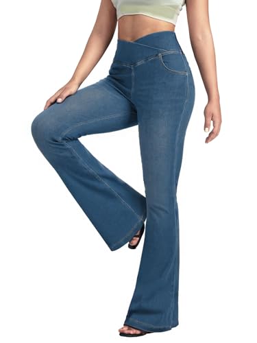 BlueRose Flare Jean for Women,Bell Bottom Jeans for Women Knit Crossover High Waisted Bootcut Jean