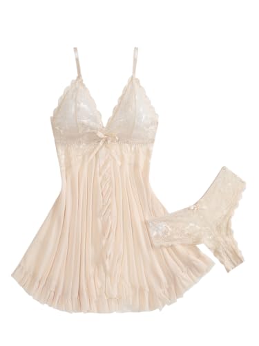 Image of Foxiny Sexy Ruffle Sheer Mesh Lace Wireless Babydoll Lingerie Dress with Thong 2 Piece