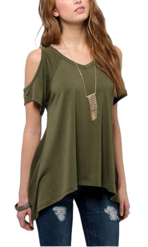 Urban CoCo Women's Vogue Shoulder Off Wide Hem Design Top Shirt (Army Green, S)