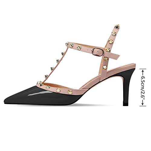Image of XINIUNIU Studded Heels for Women Kitten Heels with Studs Stiletto Sandals with Rivet Ankle Strap Patent Leather Pointy Toe 2.5 Inch Party Daily Wear Evening Sandals