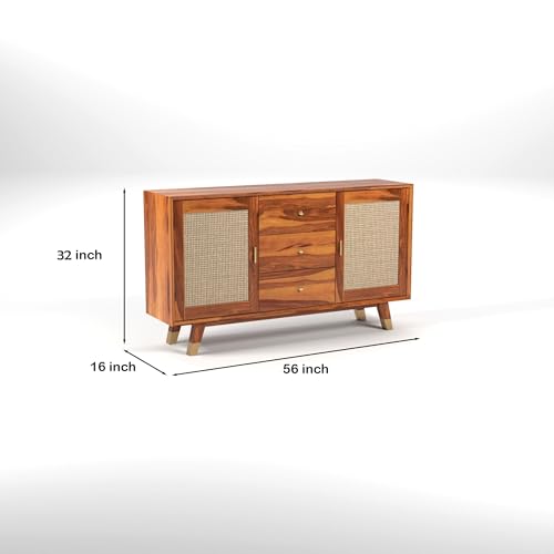 Image of Solid Sheesham Wood Wooden Sideboard Storage Cabinet : Ideal for Living Room and Bedroom with 3 Drawers and 4-Shelf Storage (Iriana, Honey Finish)