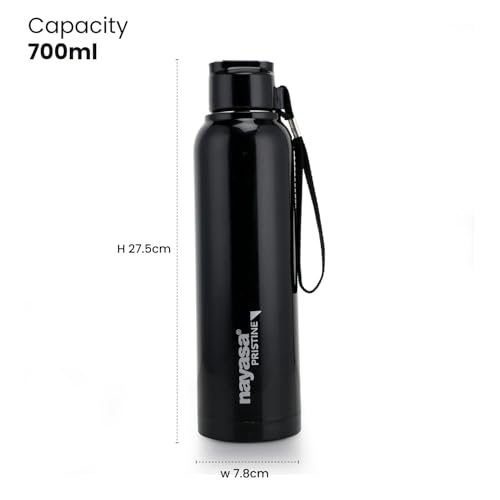 Image of Nayasa Pristine 700ml Water Bottle | BPA-Free Plastic with Insulated Stainless Steel Inner | Leak-Proof Twist Cap | for Office, School, Gym, Travel, and Outdoor Use | Black