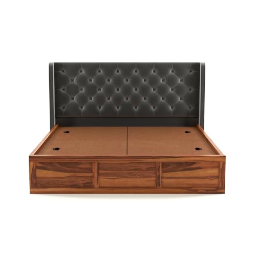 Image of Solid Sheesham Wood King Size Bed with Storage | Wooden Double Bed Cot Bed with Box Storage & Velvet Upholstered Cushioned Headboard for Bedroom (Honey C, King)