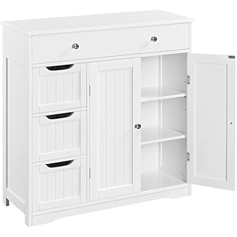 Topeakmart Bathroom Free-Standing Floor Cabinet, Practical Storage Cabinet with 4 Drawers and 2 Doors for Kitchen, Entrance Area, Living Room, Adjustable Shelves, Ample Space White Cover