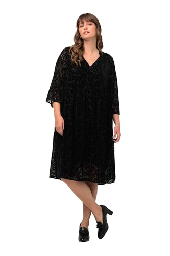Ulla Popken Damen große Größen Übergrößen Plus Size Samt-Midikleid Ausbrennermuster Rundhals 3/4-Arm schwarz 50+ 821518100-50+