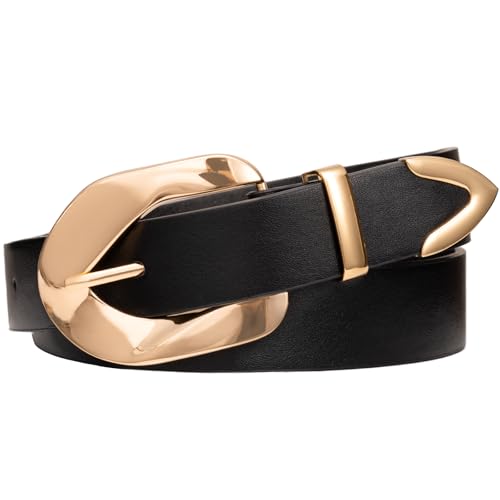 Women’s Black Belt with Gold Buckle, Ladies Women Belts for Jeans Dresses Pants