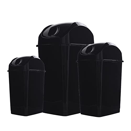 Image of Superio Swing Top Trash Can,Set of 3 Waste Bins for Home, Kitchen, Office, Bedroom, Bathroom, Ideal for Large or Small Spaces - White (Black-18 qt+10 qt+5 qt)