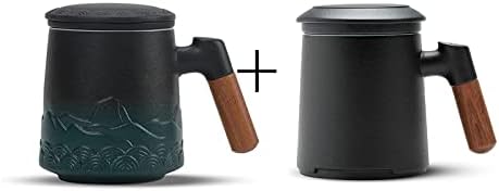 ZENS Tea Cup with Infuser and Lid, 16.8 Ounce Black & Green Gradient Embossed Large Loose Tea Mug and 13.5 Ounce Black Stoneware Glazed Ceramic Tea Cup