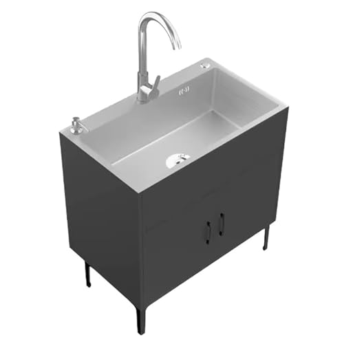 Fregaderos de cocina de una pieza, Fregaderos de acero inoxidable con armarios, Fregaderos de cocina para exteriores, Fregaderos multiusos de acero inoxidable fáciles de limpiar con grifos(White,58*43