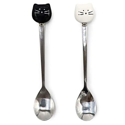 Liten söt keramisk rostfritt stål kattsked set svart och vit färg för katt mugg demitasse för omrörning te kaffe espresso socker efterrätt roliga skedar, 14 cm paket med 2 alla hjärtans dag gåvor