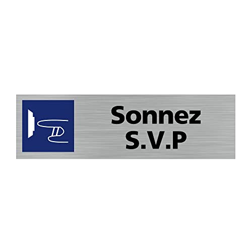 Signalétique.biz France - Plaque de porte SONNEZ (Q0104) - 170 X 50 mm - Adhésif aspect aluminium brossé