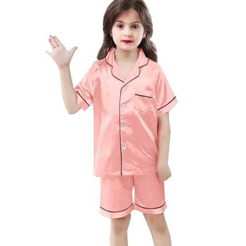 Kids Cotton Linen 𝐏a𝐣ama Set Short Sleeve Button Down Shirts with Shorts Plain 𝐏ajamas 2 Piece Cute 𝐏𝗝s Loung𝐞wear