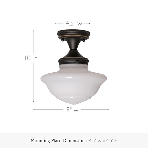 Image of Design House Vintage-Inspired Schoolhouse Semi-Flush Mount Ceiling Light, 9 in x 9 in x 10 in, Oil-Rubbed Bronze, White Glass Shade, 507502