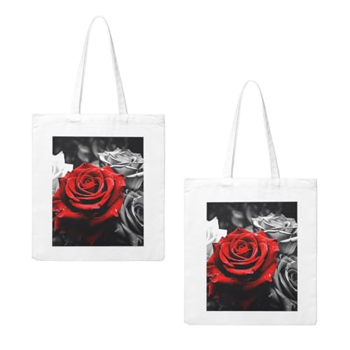 Black White And Red Roses Large Canvas Tote Bag Cute Travel Shoulder Bag Reusable Washable Shopping Grocery Bags For Women Men2