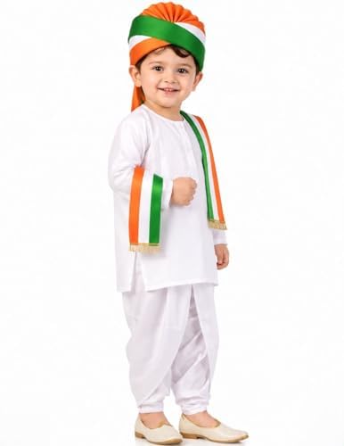 Image of BookMyCostume Tricolor Turban and Stole with Dhoti Kurta Indian Patriotic Independence Day Kids Fancy Dress Costume 5-6 years