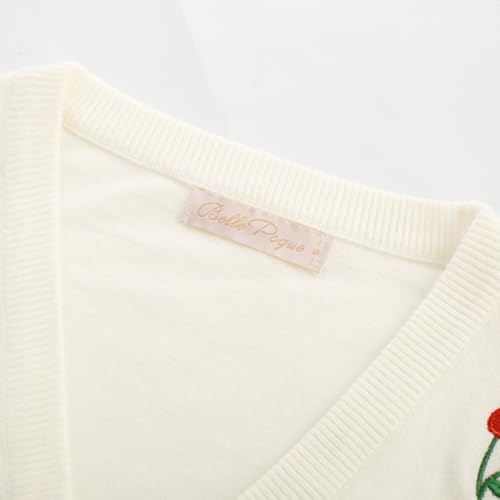 Image of Belle Poque Women's 3 /4 Sleeve V-Neck Button Down Cherries Embroidery Cropped Cardigan Sweater Coat