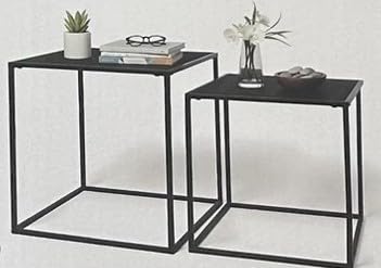 Set 2 Mesas Nido Auxiliares de Metal y Madera Negro Mate - Mesa Centro Salón y Mesa Lateral Sofá Apilables 37x37x40 / 33x33x35 cm - Estilo Industrial Nórdico Minimalista para Hogar Dormitorio Oficina