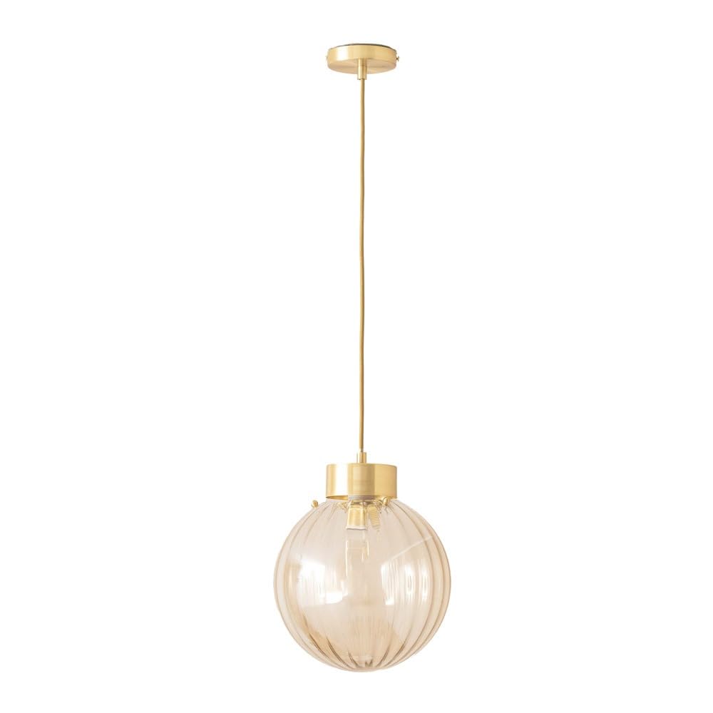 ValueLights Chessy Ribbed Glass Globe Brushed Gold Capped Ceiling Pendant Light with Bulb in Amber